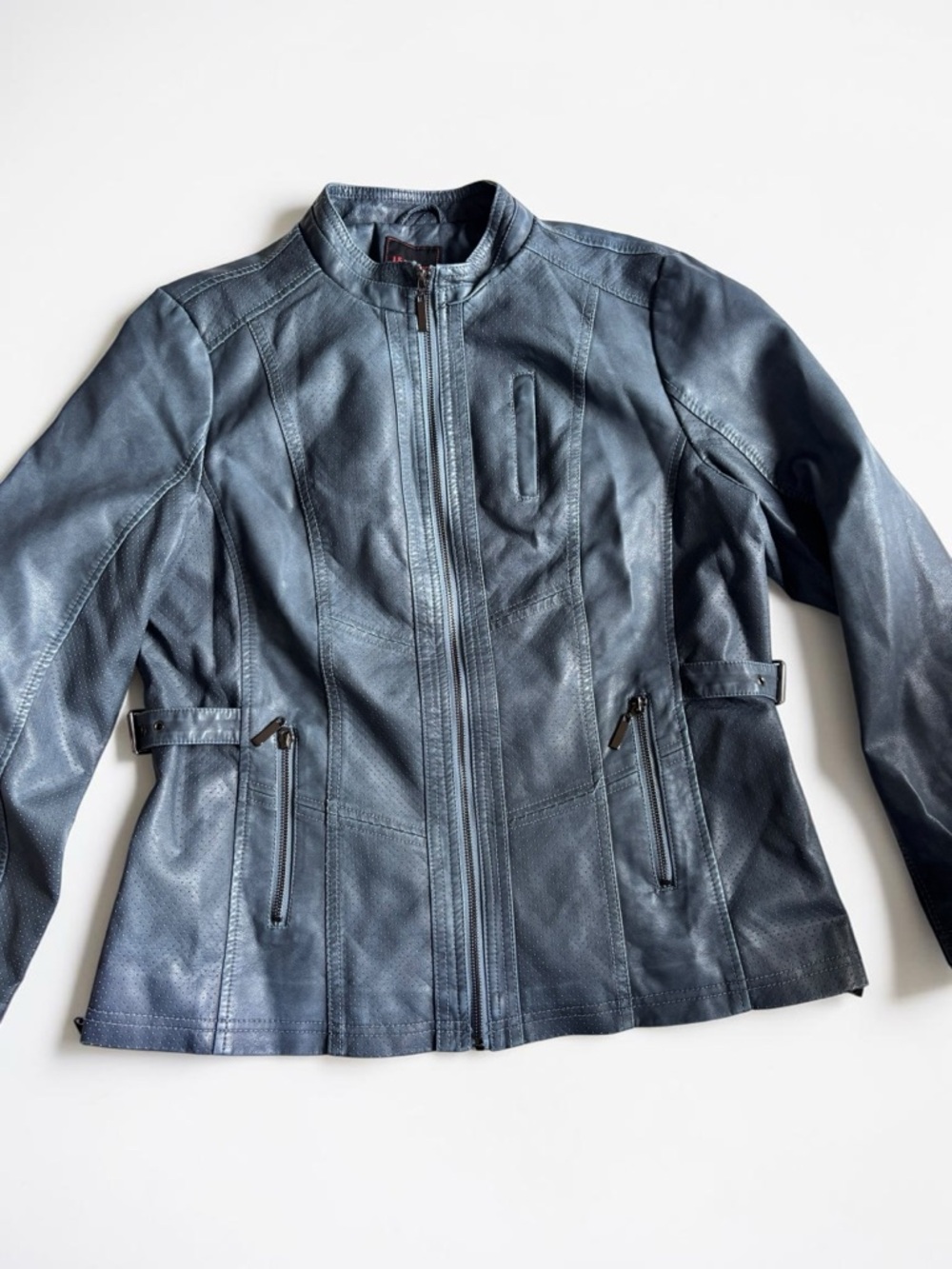 Le Grenier Jacket Womens Blue Faux Leather Moto Style Zip Coat M L